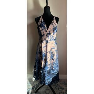 DRESS THE POPULATION Audrey Navy 3D Floral Applique Sheer A Line Dress Size L